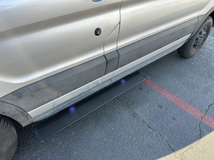 2022-2023 Ford Transit Van Electric PowerStep Amp Research driver side This is an image of the product for sale, that shows how it is utilized from a different angle