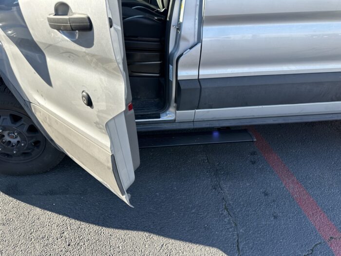 2022-2023 Ford Transit Van Electric PowerStep Amp Research This is an image of the product for sale, that shows how it is utilized from a different angle