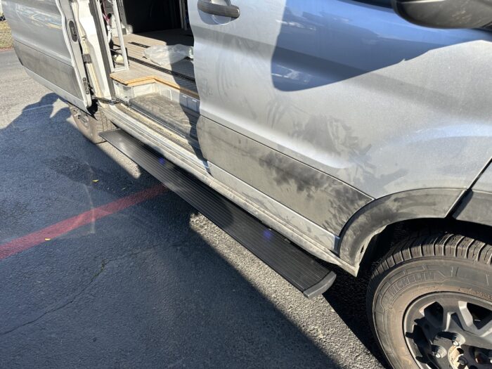 2022 to 2023 Ford Transit Van Electric Power Step Amp Research passenger side This is an image of the product for sale, that shows how it is utilized from a different angle