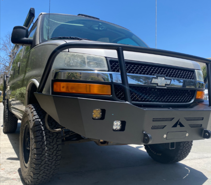 2002+ Chevy Express and GMC Savana Front Bumper | Winch Front Bumper This is an image of the product for sale, that shows how it is utilized