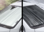 This is a zoomed-in image of a custom-fit sunshade for Ford Econoline E-Series vans. The sunshade is made by WeatherTech.