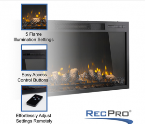 "36" Electric Fireplace Insert with Black Design and Curved Glass Panel for RVs"