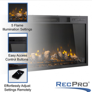 "36" Electric Fireplace Insert with Black Design and Curved Glass Panel for RVs"