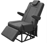 Seat Bed with Storage: The under-seat storage compartment of the reclining seat bed in a Ford Econoline van.